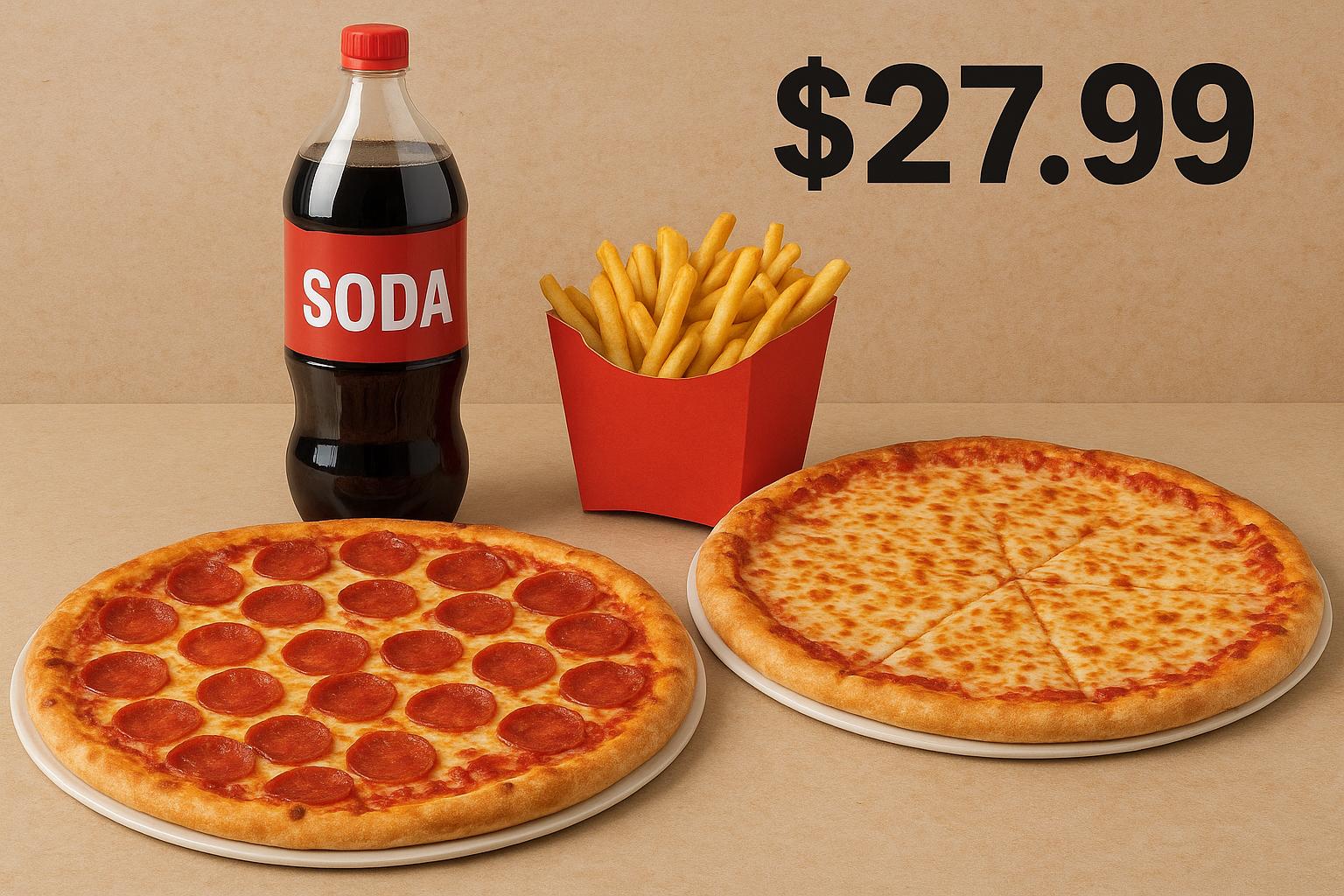 Two Large 16'' New York Style Pizza , 1.5 Lt Soda and One French Fries
